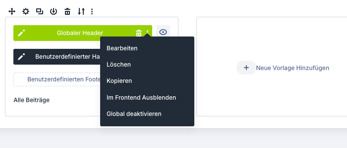 Dreipunkt-Menü am globalen Header mit Bearbeiten, Löschen, Kopieren, Im Frontend Ausblenden und Global deaktivieren