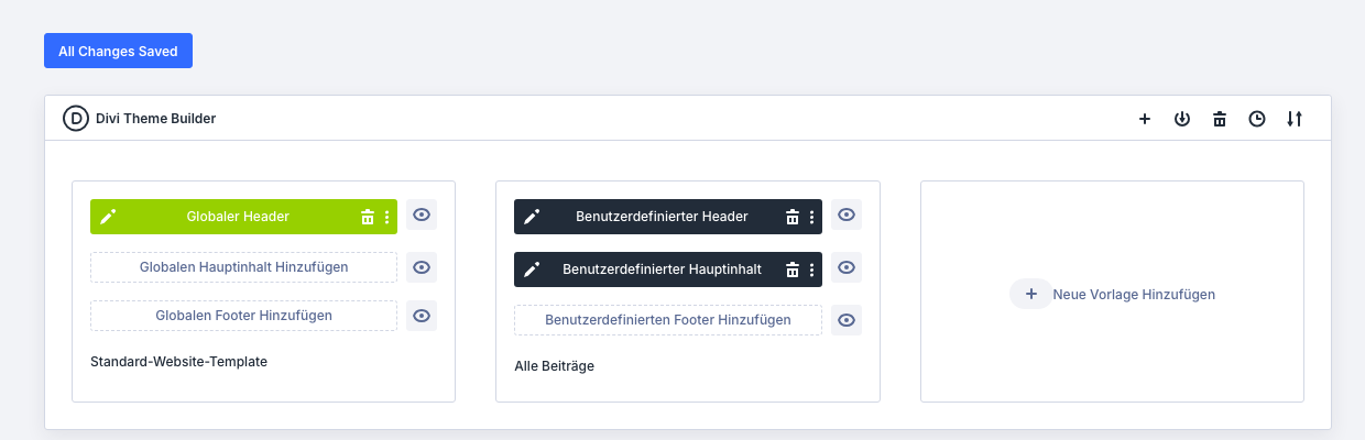 Theme Builder mit Standard-Website-Template und der Vorlage Alle Beiträge mit eigenem Header und Hauptinhalt