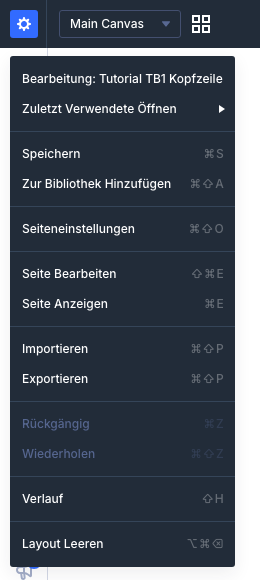 Zahnrad-Menü im Divi Builder mit den Einträgen Zur Bibliothek Hinzufügen, Importieren und Exportieren