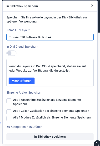 Dialog In Bibliothek speichern mit Name für Layout und Schalter In Divi Cloud speichern