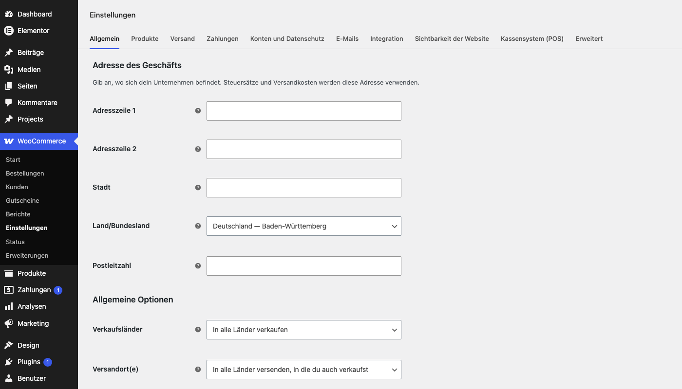 WooCommerce-Einstellungen im WordPress-Backend mit den Reitern Allgemein, Produkte, Versand und Zahlungen sowie Land und Bundesland