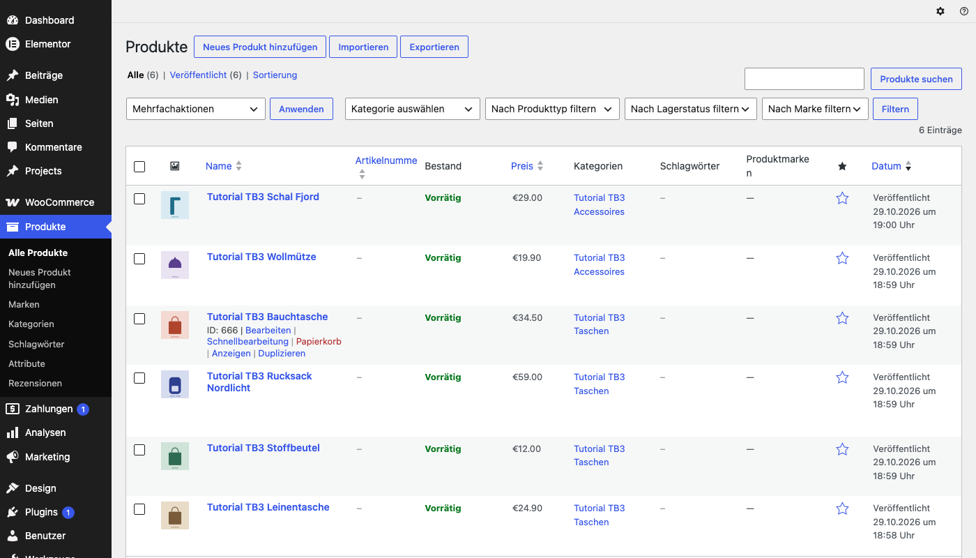 Produktliste im WordPress-Backend mit sechs angelegten Testprodukten