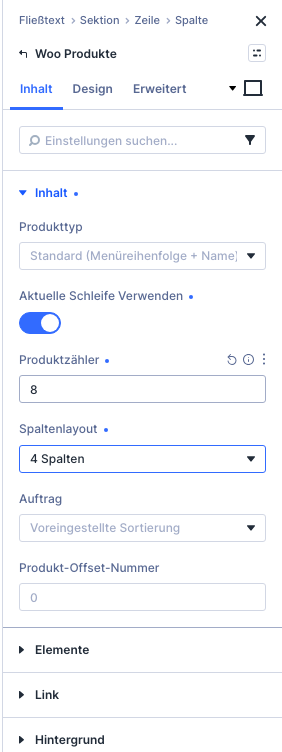 Einstellungen des Moduls Woo Produkte mit Aktuelle Schleife Verwenden, Produktzähler 8 und vier Spalten