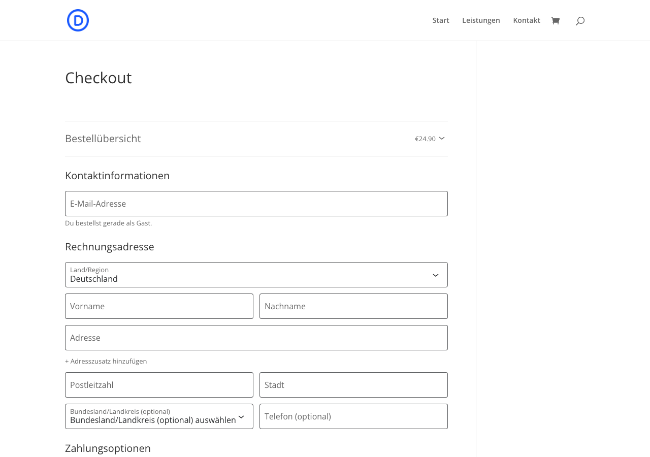 Kasse eines WooCommerce-Shops im Divi-Theme mit Kontaktinformationen und Rechnungsadresse