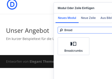 Modulsuche im Divi Visual Builder mit dem Treffer Breadcrumbs