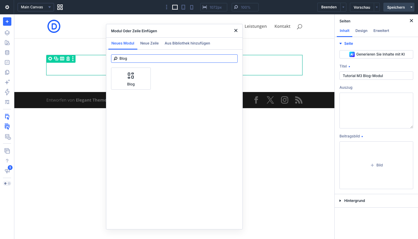 Dialog Modul Oder Zeile Einfügen in Divi 5 mit dem Suchbegriff Blog und dem Treffer Blog