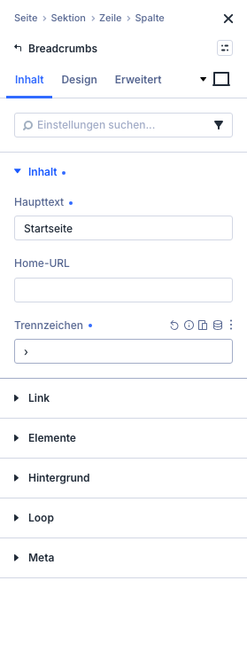 Breadcrumbs-Modul im Reiter Inhalt mit den Feldern Haupttext, Home-URL und Trennzeichen