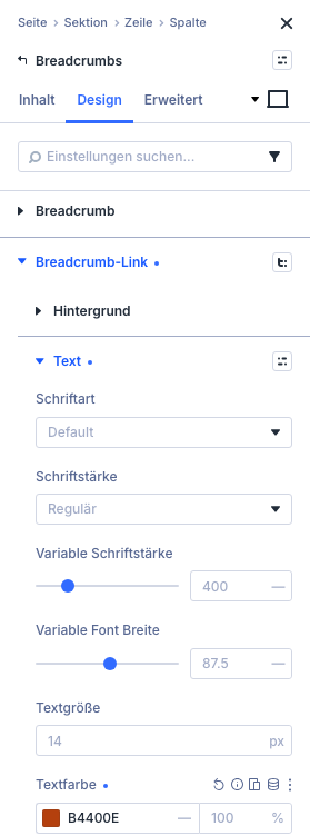 Breadcrumbs-Modul im Reiter Design: Gruppe Breadcrumb-Link, Untergruppe Text mit Textfarbe