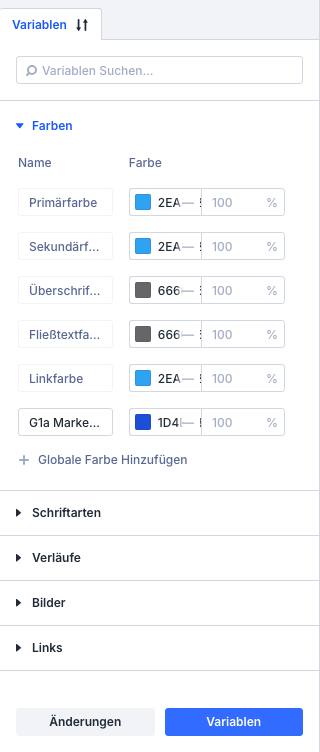 Variablenmanager mit der neuen globalen Farbe G1a Markenblau unter den fünf Standardfarben