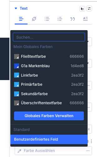 Liste Mein Globales Farben mit Fließtextfarbe, G1a Markenblau, Linkfarbe, Primärfarbe, Sekundärfarbe und Überschriftentextfarbe