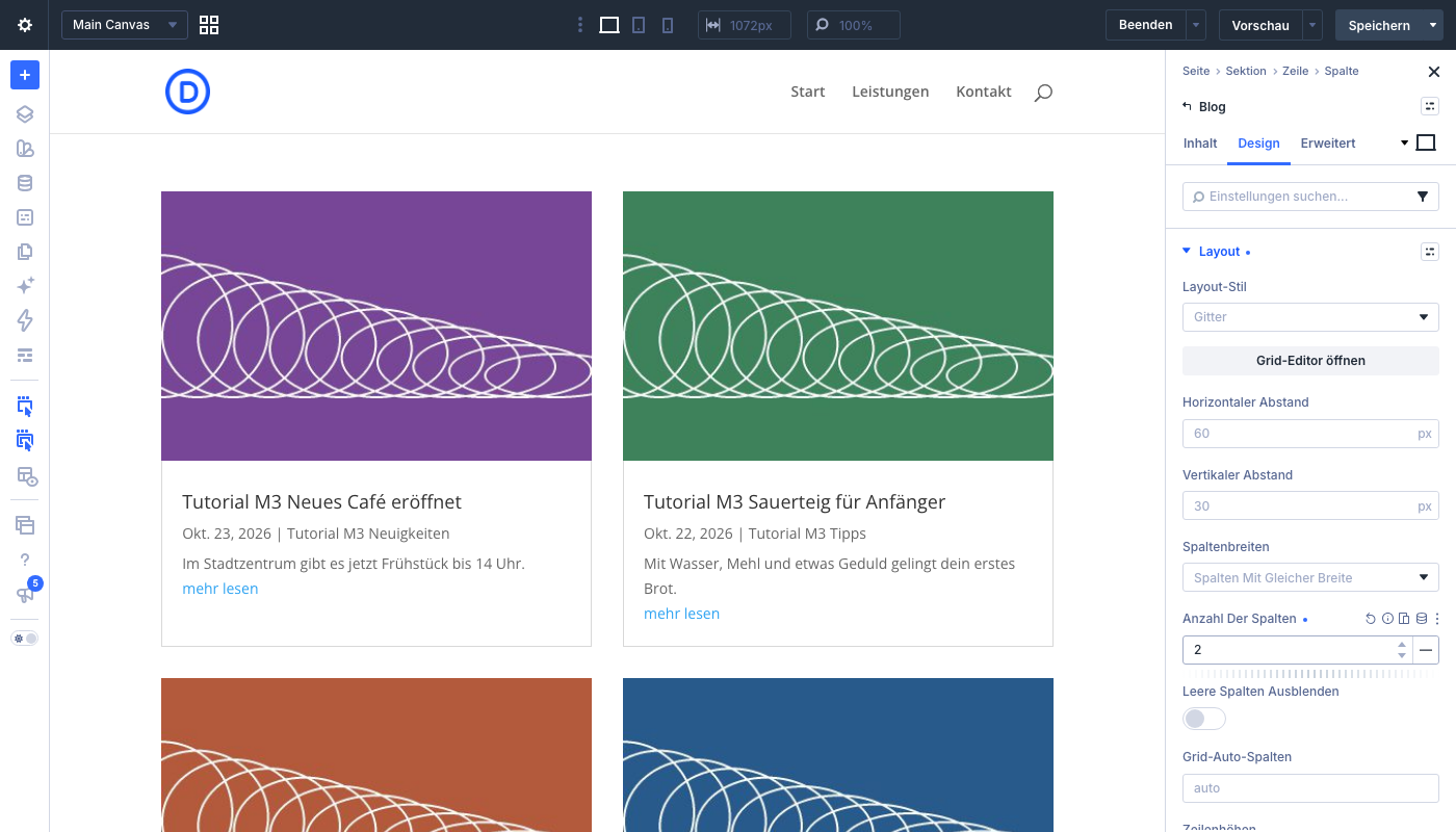 Gruppe Layout im Divi-5-Blog-Modul mit Layout-Stil Gitter und Anzahl der Spalten 2