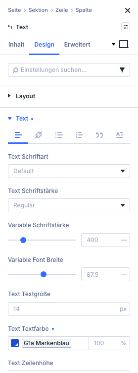 Einstellungsfeld des Text-Moduls mit der globalen Farbe G1a Markenblau im Feld Text Textfarbe