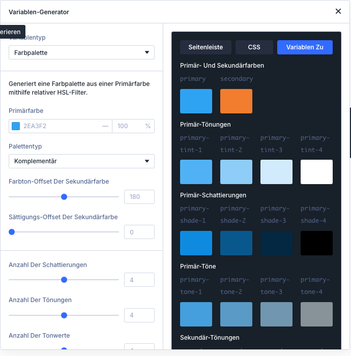 Variablen-Generator in Divi 5 mit Farbpalette, Primärfarbe, Palettentyp und Vorschau der erzeugten Farben