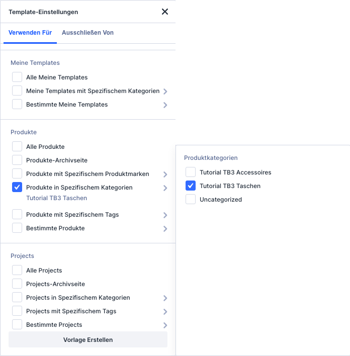 Dialog Template-Einstellungen mit angehaktem Eintrag Produkte in Spezifischem Kategorien und der Auswahl Tutorial TB3 Taschen