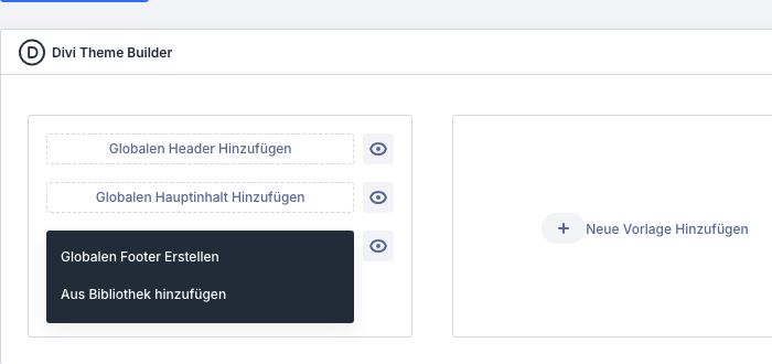 Theme Builder mit geöffnetem Menü Globalen Footer Erstellen und Aus Bibliothek hinzufügen