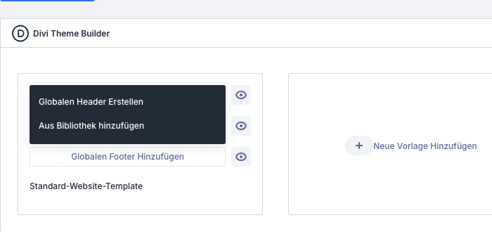Theme Builder mit geöffnetem Menü Globalen Header Erstellen und Aus Bibliothek hinzufügen