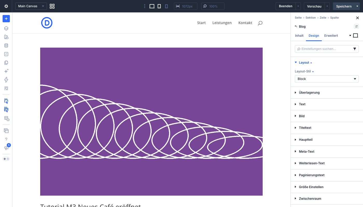 Layout-Stil Block im Divi-5-Blog-Modul, das Beitragsbild füllt die ganze Breite