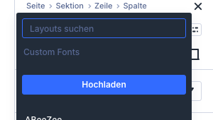 Schriftenliste in Divi 5 mit dem Abschnitt Custom Fonts und dem Knopf Hochladen