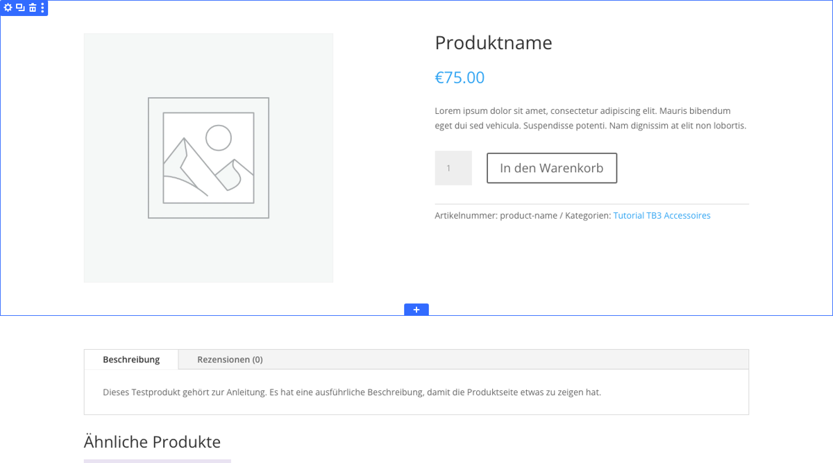 Visual Builder mit zweispaltigem Produktlayout, Platzhalterbild, Titel, Preis, Warenkorb-Button, Reitern und ähnlichen Produkten