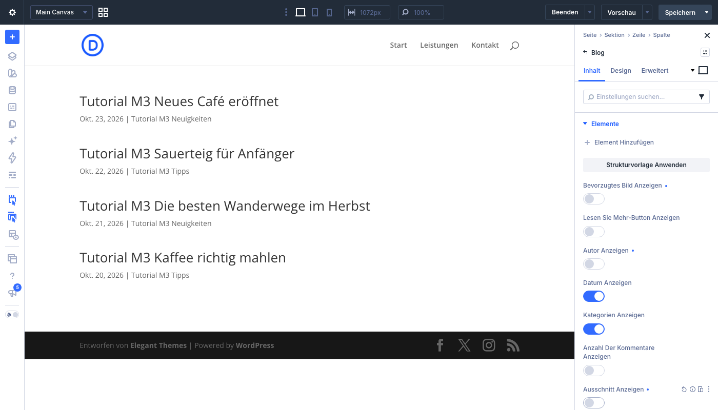Divi-5-Blog-Modul als reine Titelliste, Schalter Ausschnitt Anzeigen ist ausgeschaltet