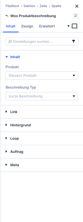 Einstellungen des Moduls Woo Produktbeschreibung mit dem Feld Beschreibung Typ auf kurze Beschreibung