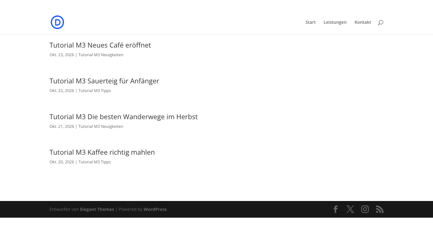 Fertige Beitragsliste mit Divi 5 auf der Live-Seite mit vier Titeln, Datum und Kategorie