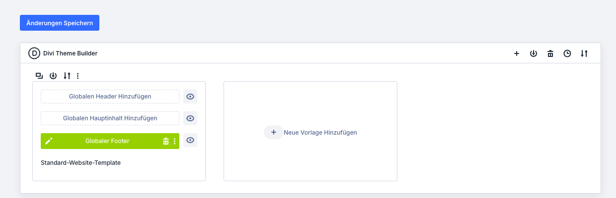 Theme Builder mit grünem Feld Globaler Footer und dem Knopf Änderungen Speichern