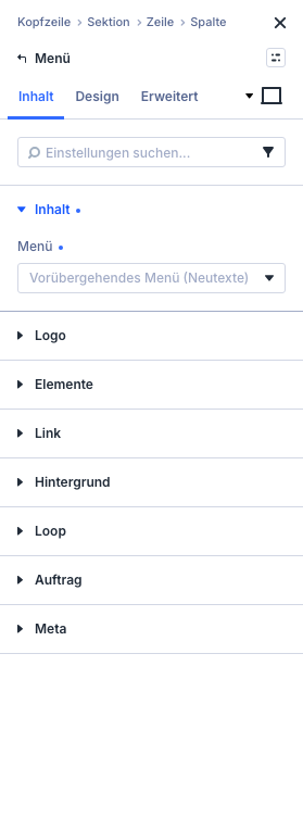 Menü-Modul im Divi Builder mit Auswahlfeld Menü