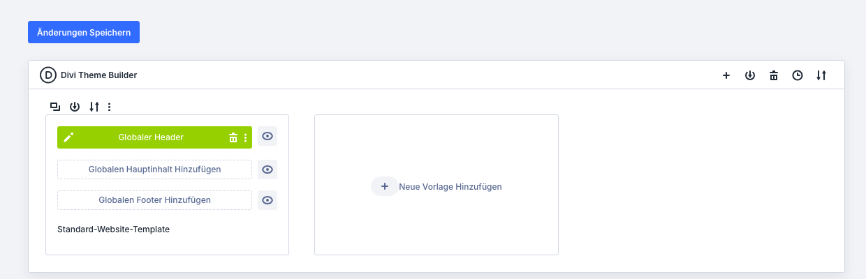 Theme Builder mit grünem Feld Globaler Header und dem Knopf Änderungen Speichern