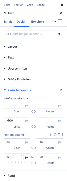 Einstellungsfeld Text in Divi 5, Gruppe Zwischenraum mit Außenabstand links minus 100 und Innenabstand links 120