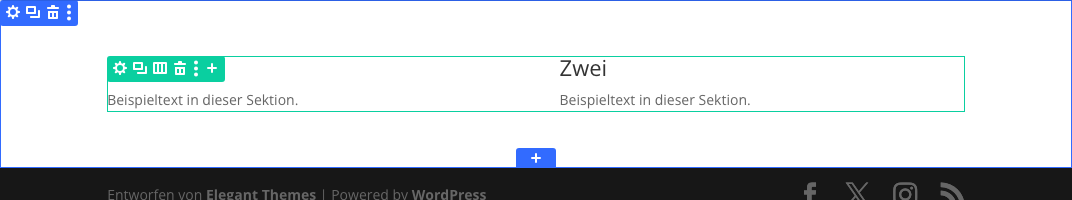 Blaue Leiste einer Sektion in Divi 5 mit Zahnrad, Duplizieren, Löschen und drei Punkten