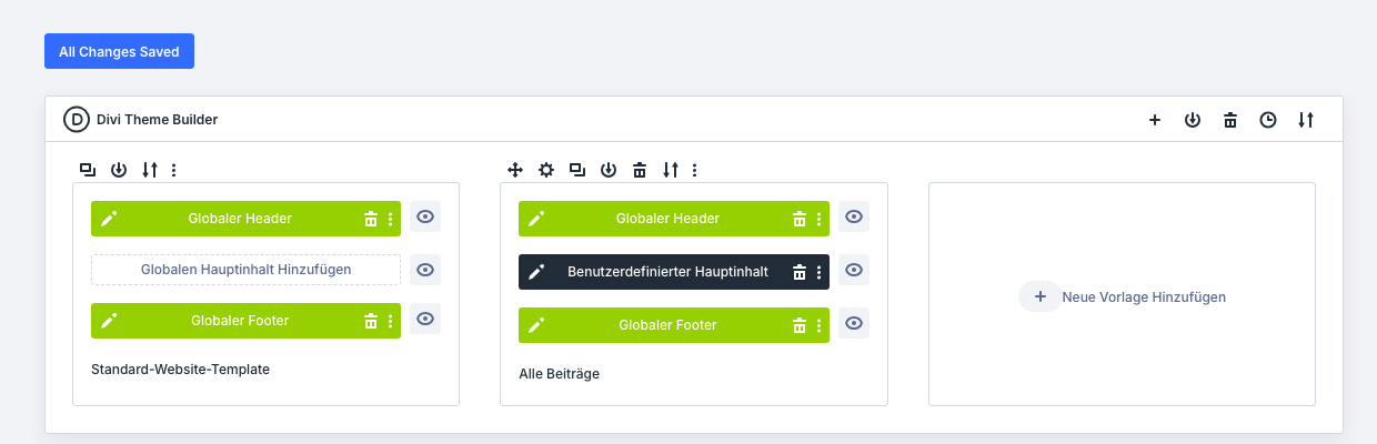 Theme Builder mit globalem Header, globalem Footer und der Vorlage Alle Beiträge