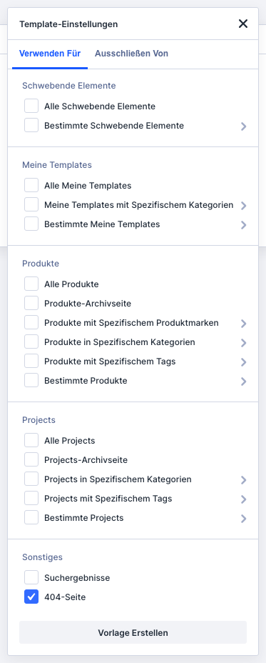 Dialog Template-Einstellungen im Divi Theme Builder mit angekreuztem Eintrag 404-Seite in der Gruppe Sonstiges