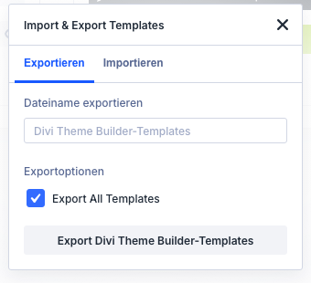 Dialog Import und Export Templates im Reiter Exportieren mit Dateiname und Export All Templates
