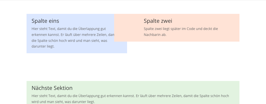 Zwei Spalten im Divi Builder, die orange Spalte ragt über die blaue Nachbarspalte