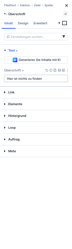 Einstellungen des Überschrift-Moduls in Divi 5 mit dem Text Hier ist nichts zu finden
