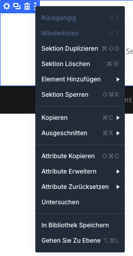Menü Weitere Optionen einer Sektion in Divi 5 mit Sektion Sperren, Kopieren und In Bibliothek Speichern