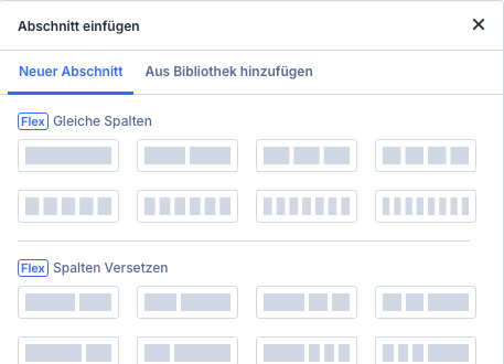 Fenster Abschnitt einfügen in Divi 5 mit Reitern Neuer Abschnitt und Aus Bibliothek hinzufügen