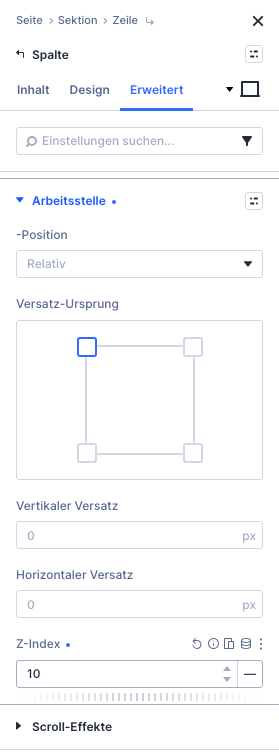 Einstellungsfeld Spalte in Divi 5, Reiter Erweitert, Gruppe Arbeitsstelle mit Z-Index 10