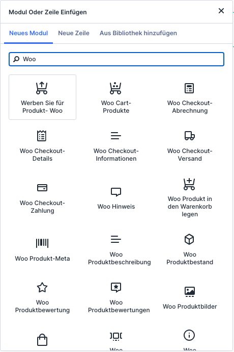 Divi-Modulauswahl mit den Suchergebnissen für Woo, darunter Woo Produkte und Woo Produkttitel