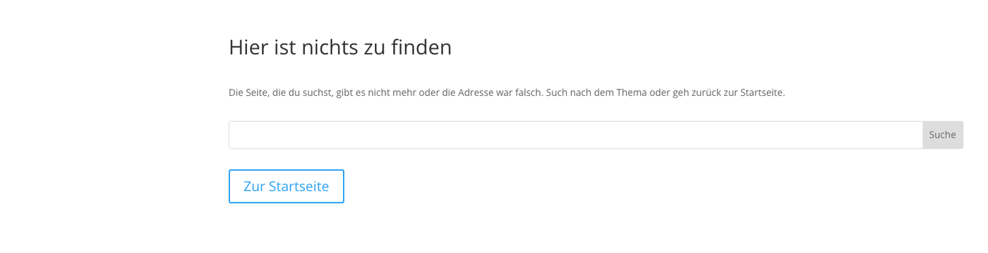 Visual Builder mit Überschrift, Text, Suchfeld und Button der 404-Vorlage