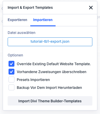 Reiter Importieren mit gewählter Datei und den Optionen Override Existing Default Website Template und Vorhandene Zuweisungen überschreiben