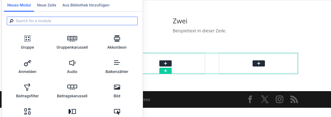 Neue Zeile mit drei leeren Spalten unter einer bestehenden Zeile im Divi Builder