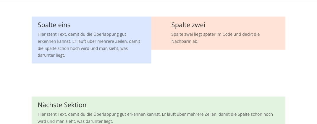 Die blaue Spalte liegt nach dem Z-Index jetzt vor der orangen Spalte