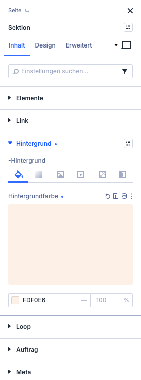 Gruppe Hintergrund im Einstellungsfeld der Sektion mit eingetragener Farbe