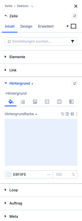 Gruppe Hintergrund im Einstellungsfeld der Zeile mit eingetragener Hintergrundfarbe