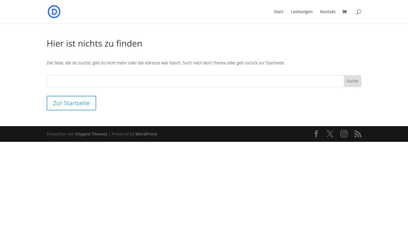 Fertige 404-Seite mit Überschrift, Text, Suchfeld und Button Zur Startseite