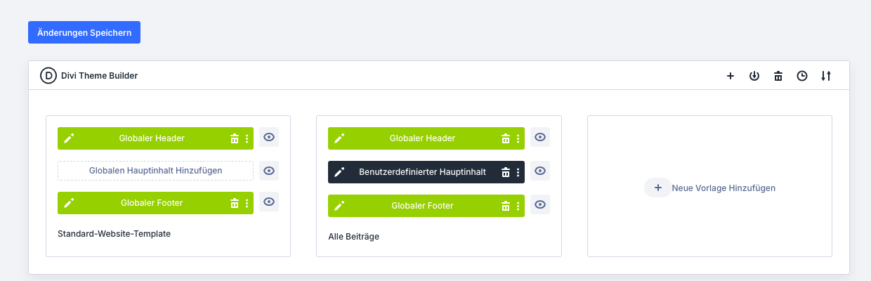 Theme Builder nach dem Import mit Header, Footer und Vorlage Alle Beiträge und dem Knopf Änderungen Speichern