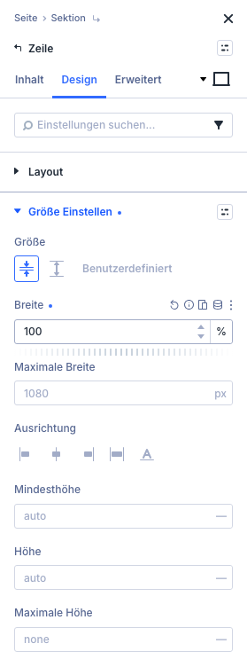 Gruppe Größe Einstellen im Einstellungsfeld der Zeile mit Breite 100 Prozent