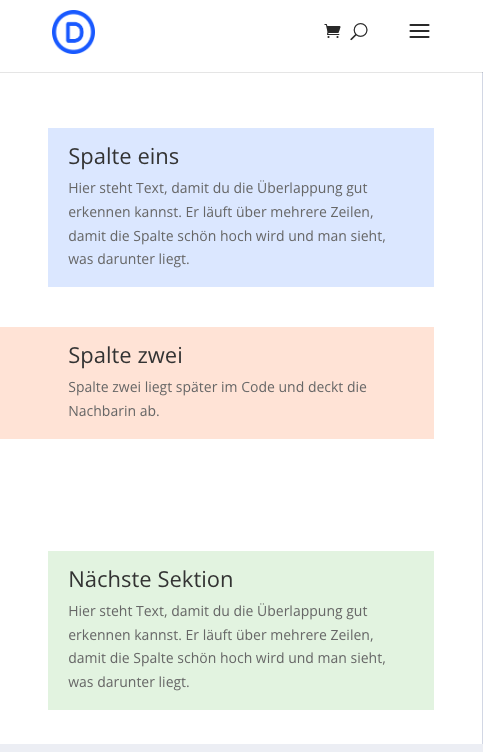 Handy-Ansicht im Divi Builder: das orange Modul ragt links aus dem Bild heraus